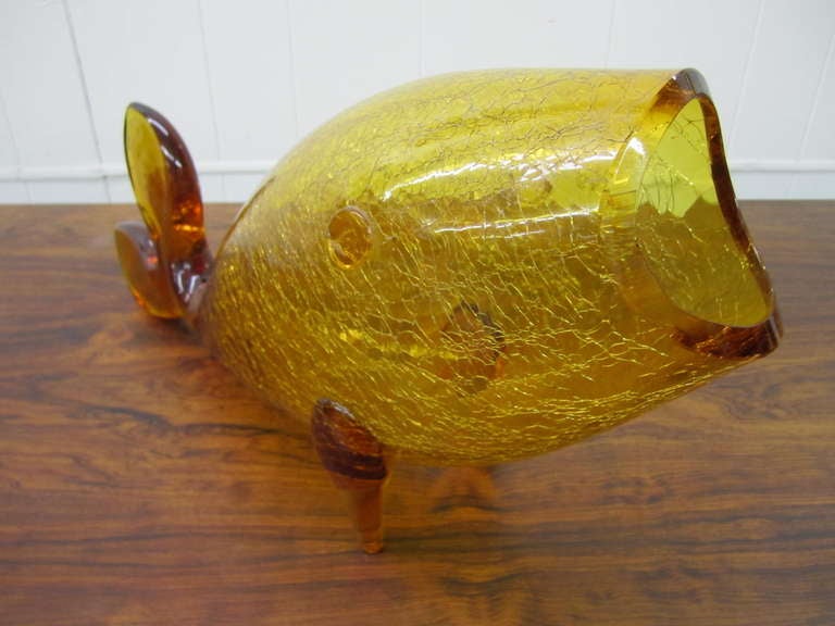Large Blenko Amber Crackle Fish Vase Mid-century Modern 2