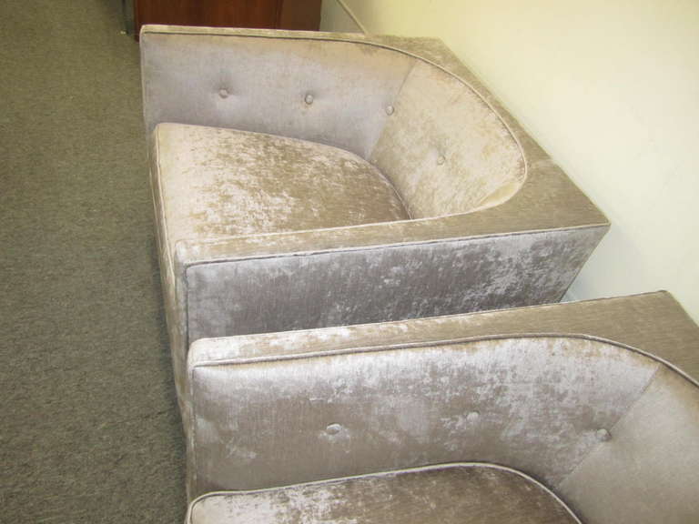 Totally restored Pair of Harvey probber style cube club chairs.  Reupholstered in a shimmering silver grey upscale silk velvet.  The base has been rechromed and looks amazing.  These chairs are in perfect restored condition and ready for your super