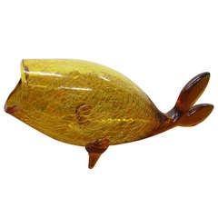 Vintage Large Blenko Amber Crackle Fish Vase Mid-century Modern