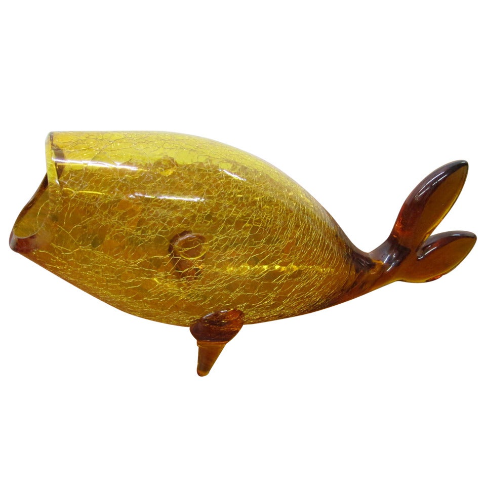 Large Blenko Amber Crackle Fish Vase Mid-century Modern