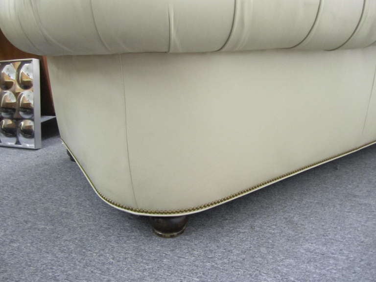 Fabulous Putty Colored Leather Chesterfield Sofa Mid-century Modern In Excellent Condition For Sale In Pemberton, NJ