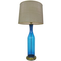 Retro Huge Blue Blenko Lamp with Original Gold Mesh Shade Mid-century Modern