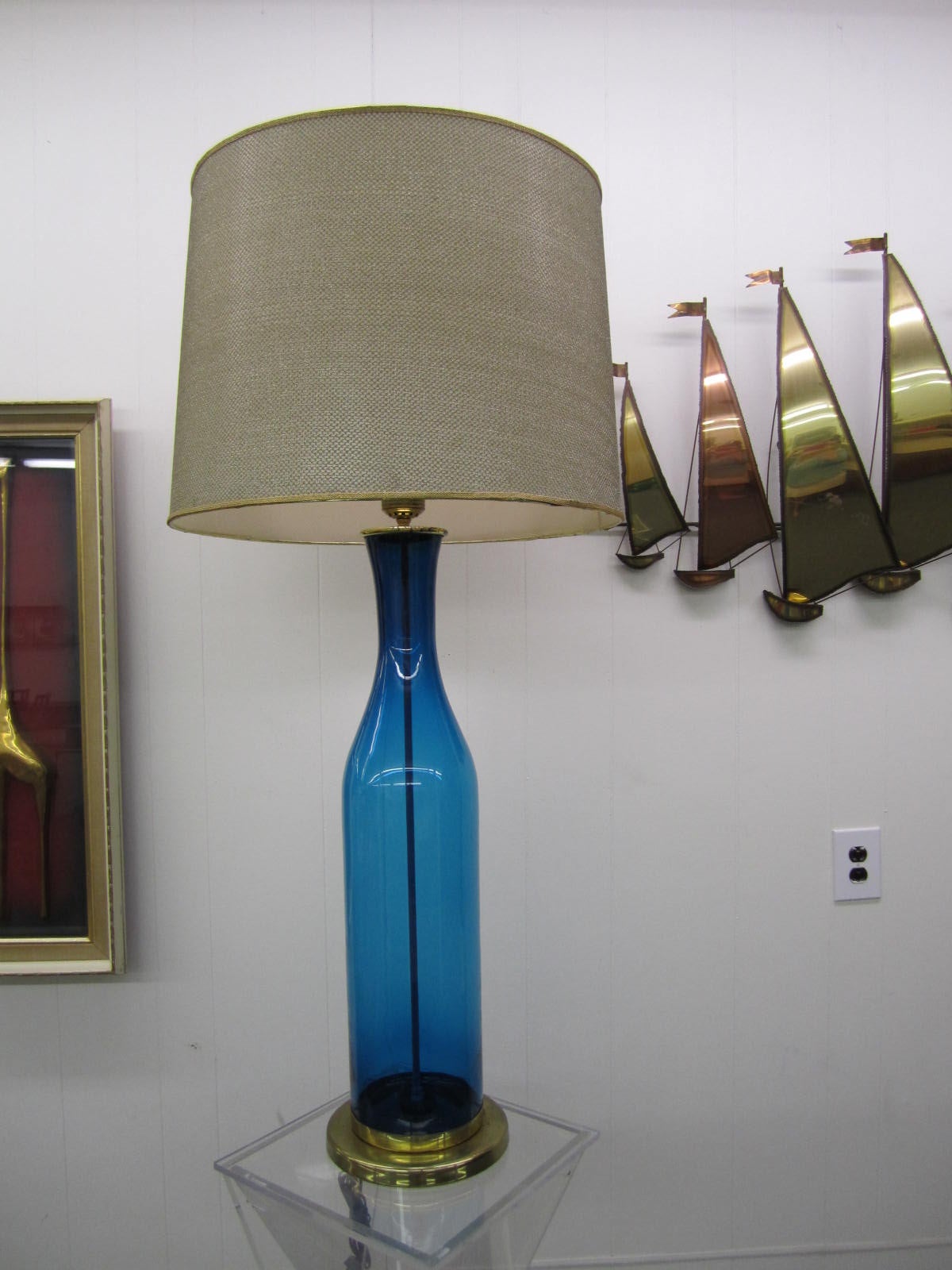 Huge Blue Blenko Lamp with Original Gold Mesh Shade Mid-century Modern