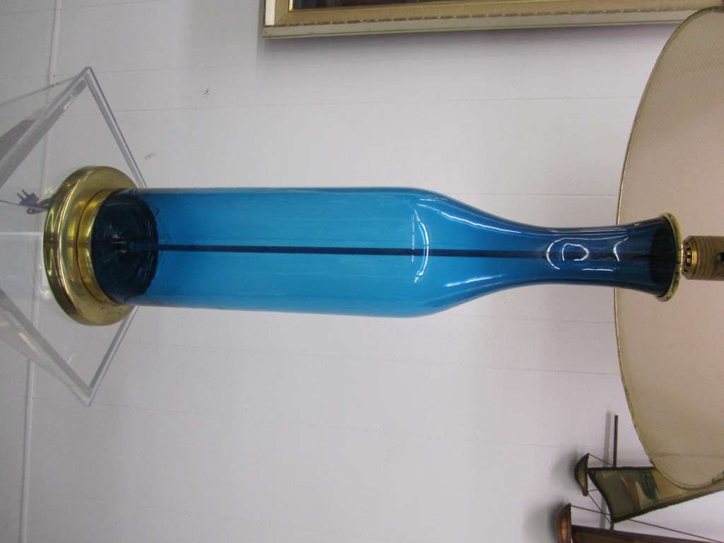 Large scale blue Blenko lamp with it's original gold mesh shade.  The size alone is spectacular at a whopping 50