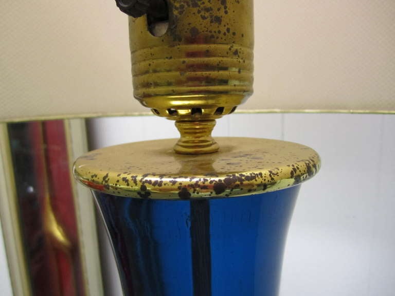 Mid-Century Modern Huge Blue Blenko Lamp with Original Gold Mesh Shade Mid-century Modern