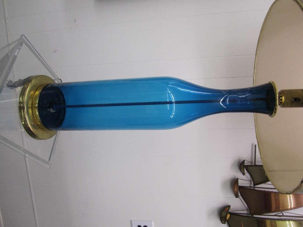 Huge Blue Blenko Lamp with Original Gold Mesh Shade Mid-century Modern 3