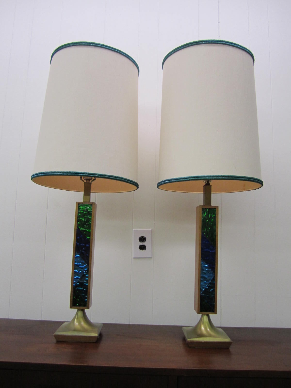 Rare Pair Georges Briard Mosaic Glass Lamps Original Shades Mid-century Modern