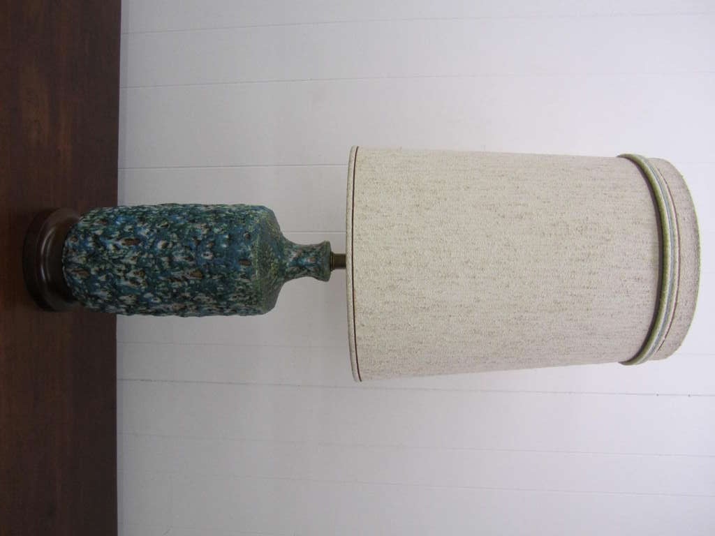 Huge Danish Modern Turquoise Lava Glazed Lamp with Original Shade