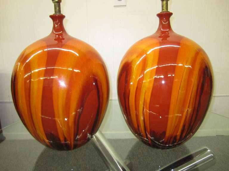 Huge Pair of Danish, Mid-Century Modern, Bulbous Orange Drip Glaze Lamps  4