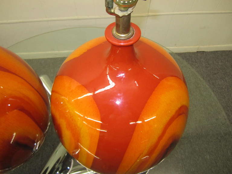 Mid-20th Century Huge Pair of Danish, Mid-Century Modern, Bulbous Orange Drip Glaze Lamps 