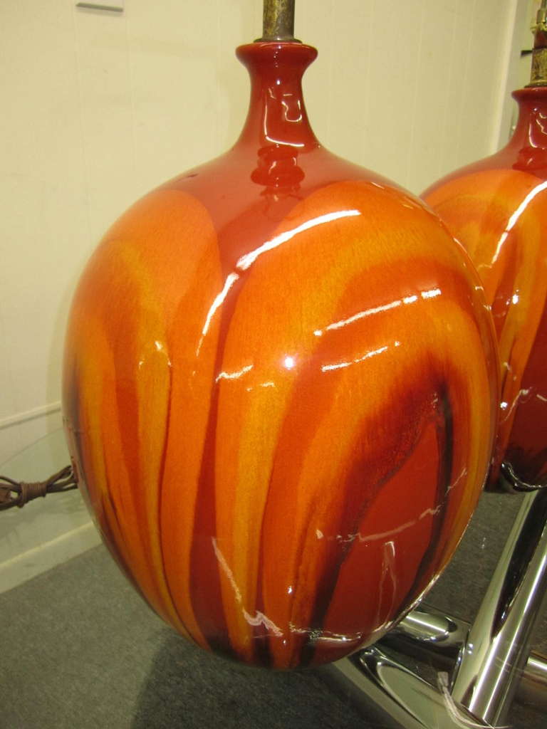Brass Huge Pair of Danish, Mid-Century Modern, Bulbous Orange Drip Glaze Lamps 