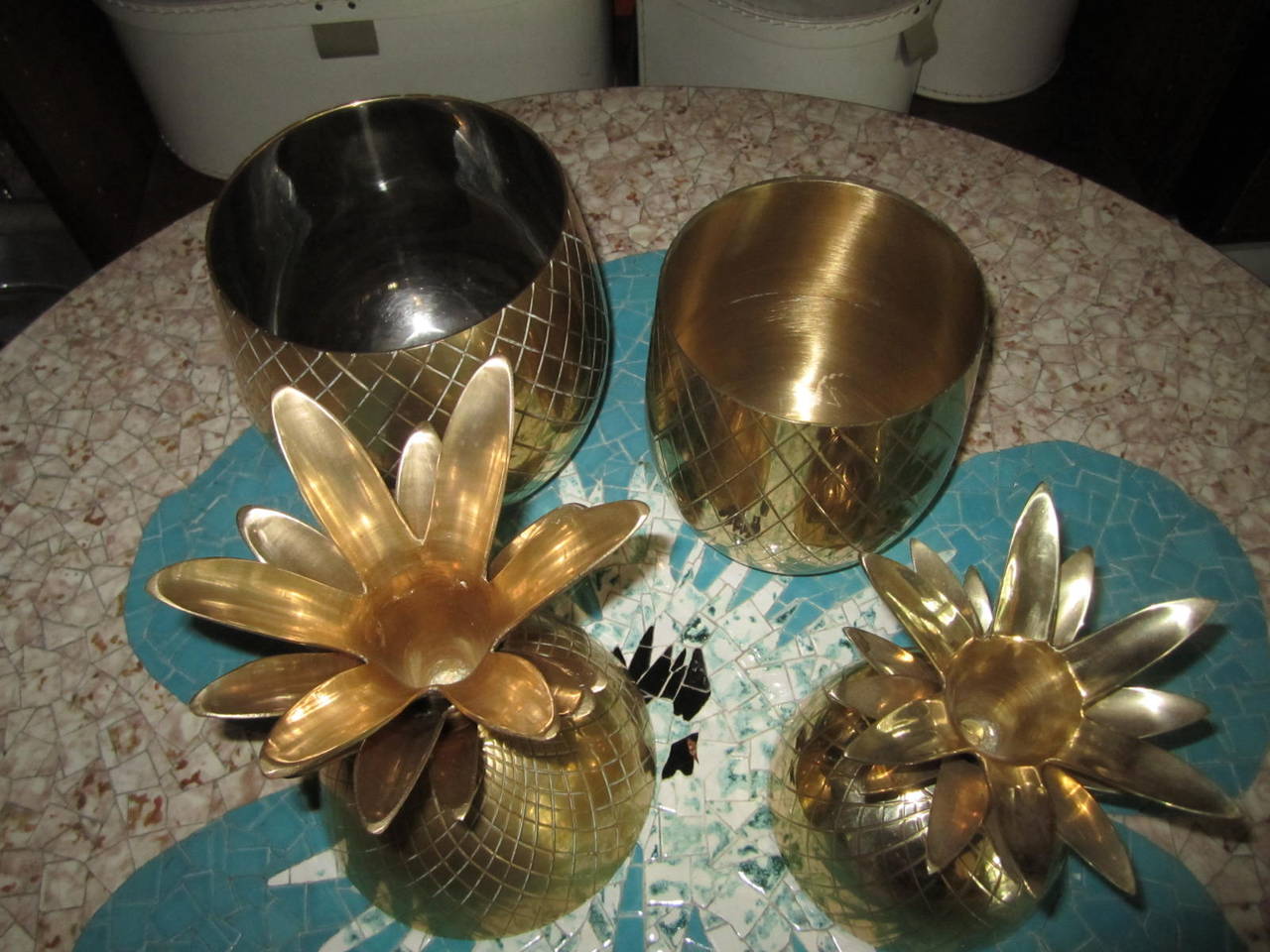 Indian Set of Three Brass Pineapples Ice Bucket or Trinket Boxes, Mid-Century Modern For Sale