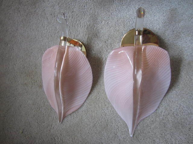 Pair Of Gorgeous Pink Murano Camer Glass Calla Lily Sconces 5