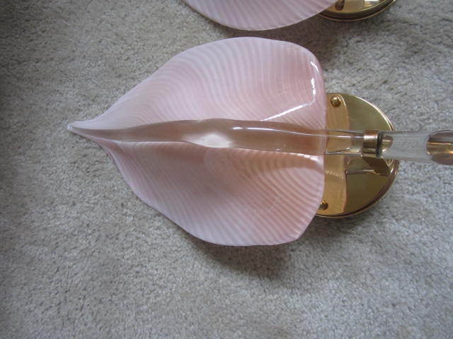 Pair Of Gorgeous Pink Murano Camer Glass Calla Lily Sconces