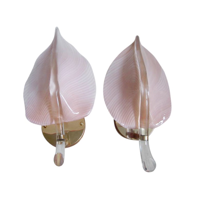 Pair Of Gorgeous Pink Murano Camer Glass Calla Lily Sconces