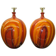 Huge Pair of Danish, Mid-Century Modern, Bulbous Orange Drip Glaze Lamps 