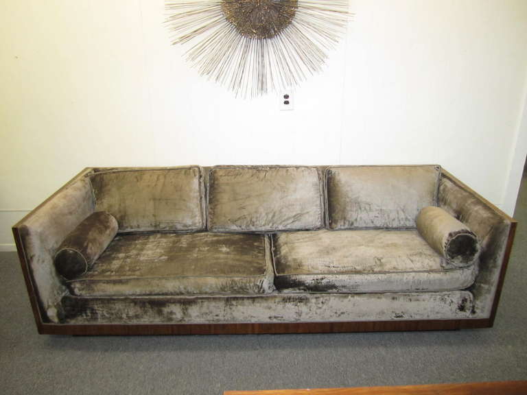 Amazing and gorgeous Milo Baughman rosewood floating case sofa. This is a true classic designed by yours and my favorite midcentury designer Milo Baughman. This piece was recently reupholstered in a gorgeous taupe silk velvet about 3 years ago very