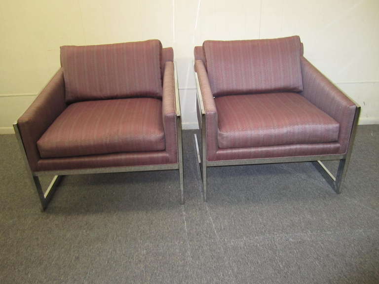 Magnificent pair of Silver Craft angled flat bar lounge chairs.  This pair is in awesome vintage condition-the chromed steel flat bars are gleaming and the vintage upholstery near perfect.  The fabric is lovely with a bit of texture and sheen in a