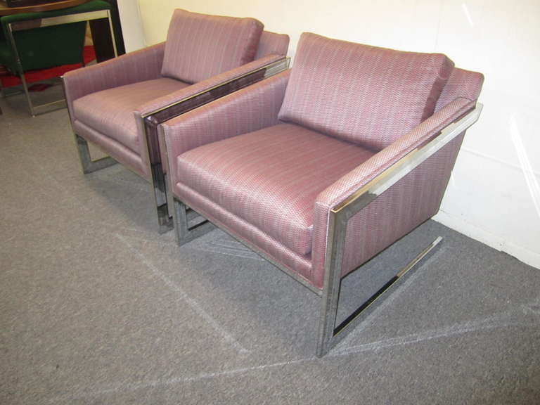 Magnificent Pair of Angled Chrome Flat Bar Lounge Chairs For Sale 1