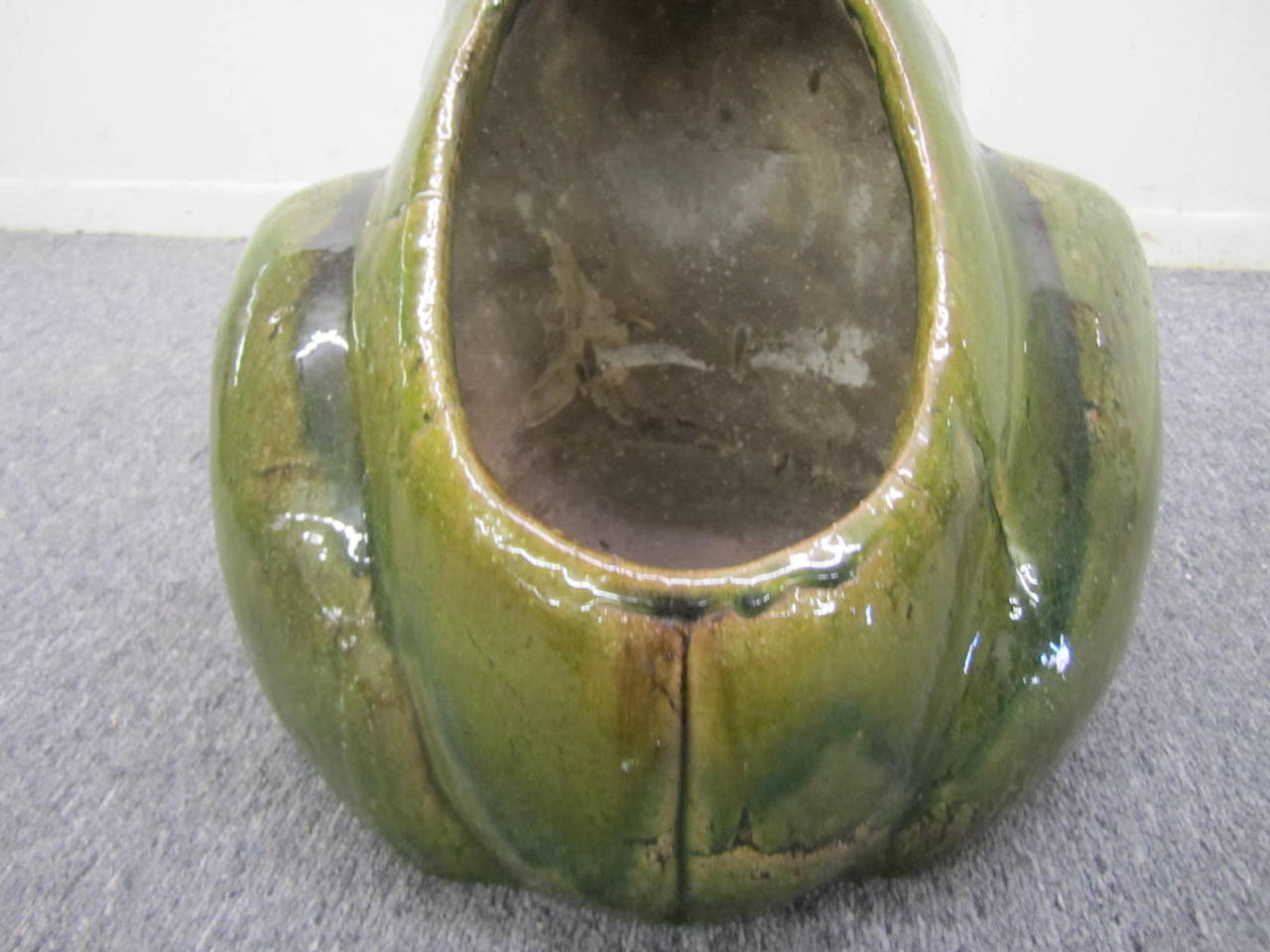 Glazed Charming Large Green Glaze Pottery Frog Planter Mid-Century Modern For Sale