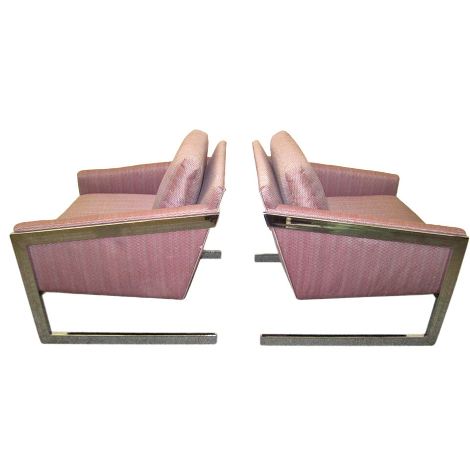 Magnificent Pair of Angled Chrome Flat Bar Lounge Chairs