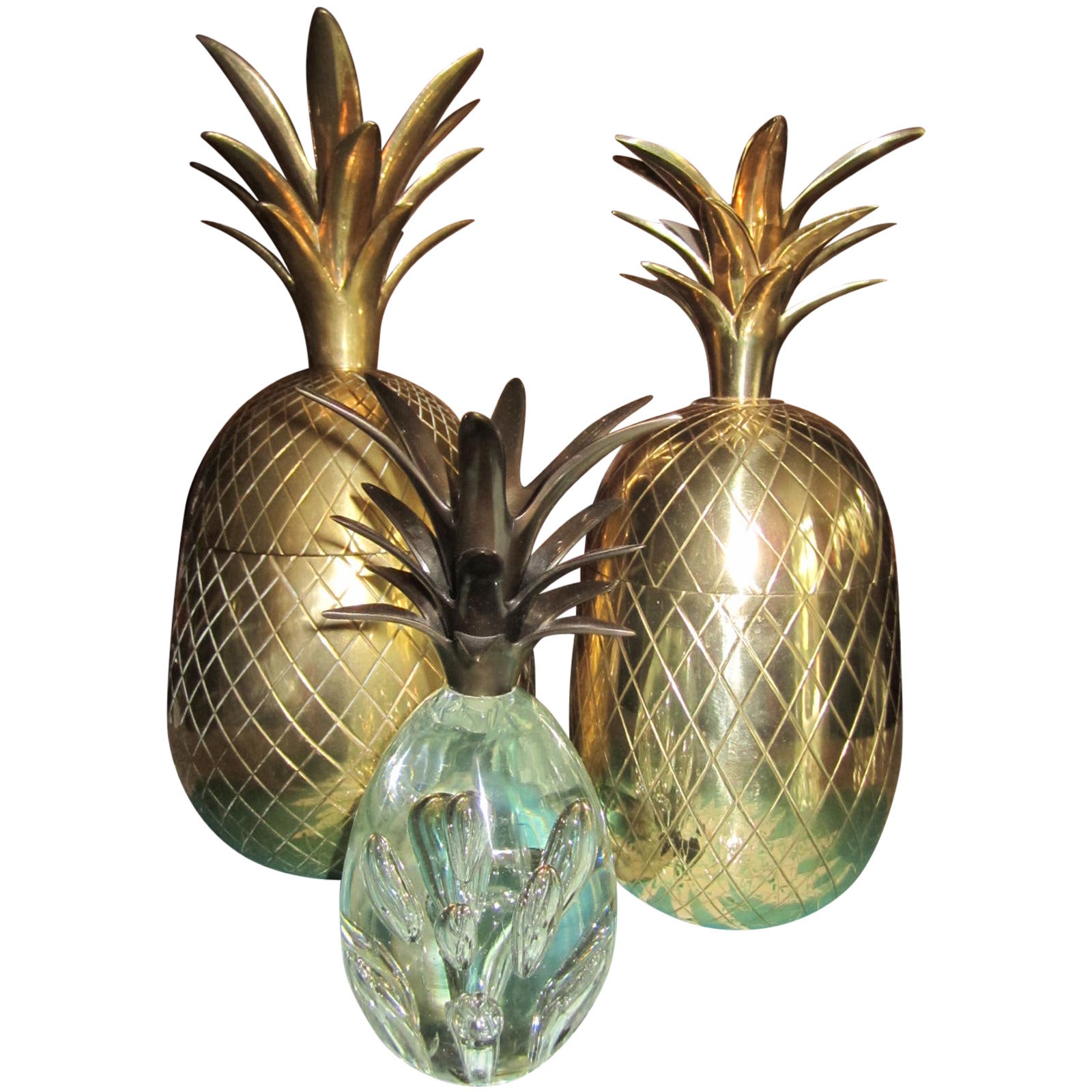 Set of Three Brass Pineapples Ice Bucket or Trinket Boxes, Mid-Century Modern For Sale