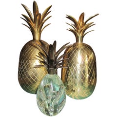 Set of Three Brass Pineapples Ice Bucket or Trinket Boxes, Mid-Century Modern