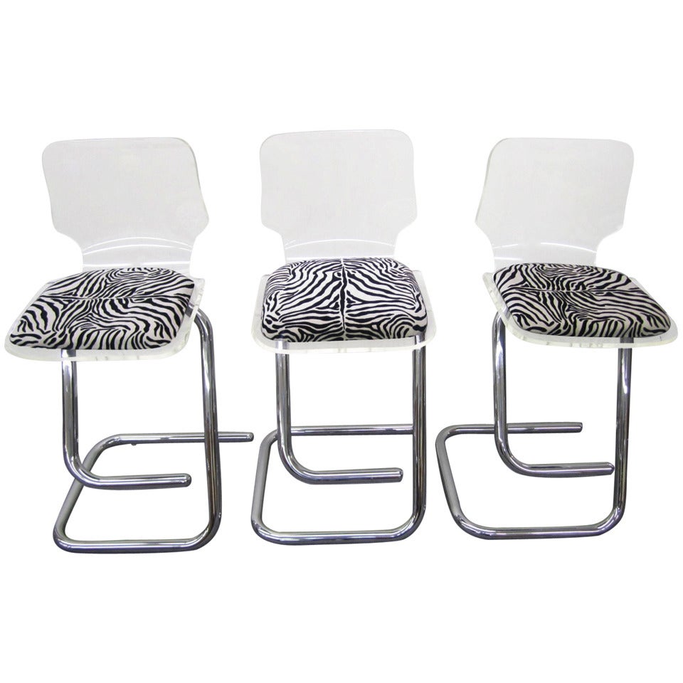 Glamorous Set of Three Lucite and Chrome Bar Stools Mid-Century Modern