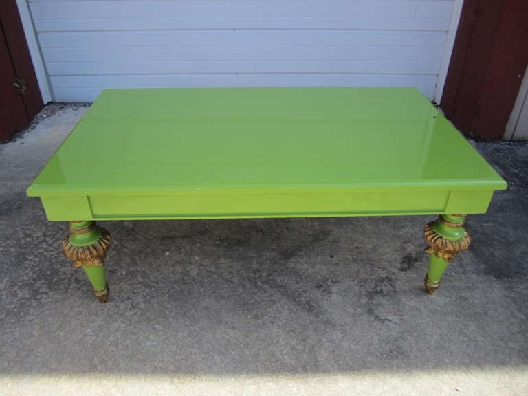 Outrageous Hollywood Regency Lacquered Lime Green and Gold Coffee Table 1
