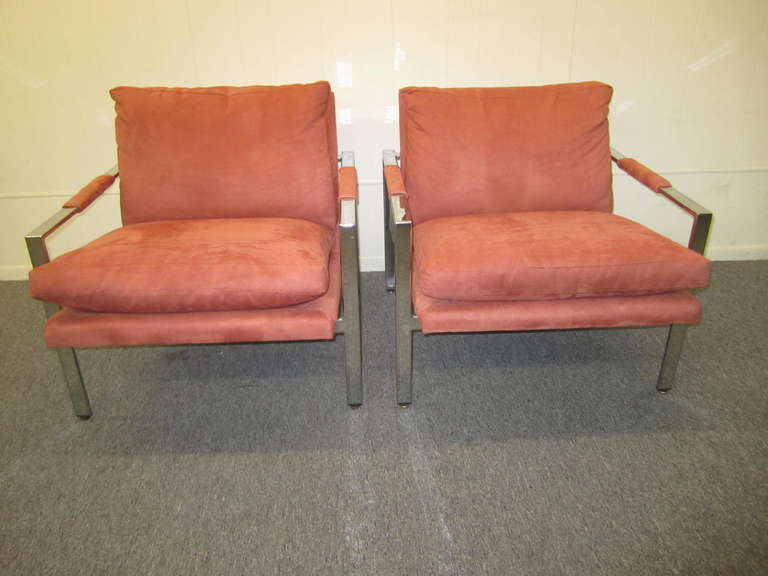Fabulous pair of Milo Baughman Thayer Coggin chrome flat bar cube chairs. Nice upholstery in a salmon ultra suede. Would be even better reupholstered in something fresh and new but still nice as is. We do offer an upholstery service if needed. The