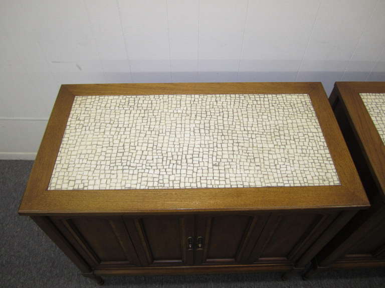 American Stunning Pair of Mosaic Top Mid-Century Modern Nightstands For Sale
