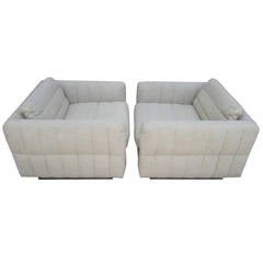 Lovely Pair of Channel Tufted Milo Baughman Cube Chairs Chrome Base Mid-Century
