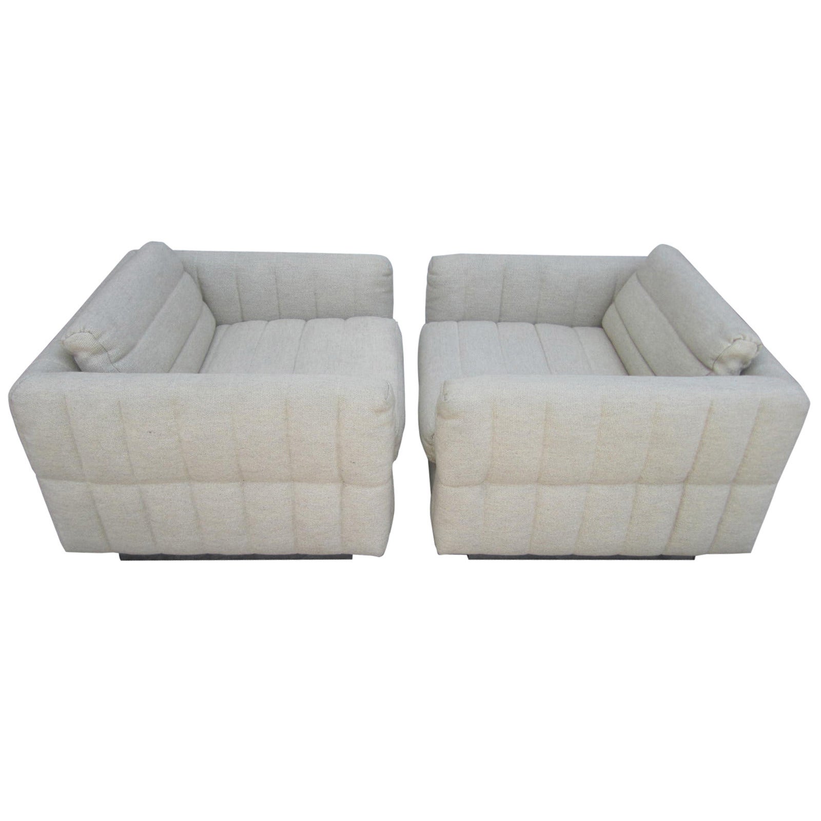 Lovely Pair of Channel Tufted Milo Baughman Cube Chairs Chrome Base Mid-Century For Sale
