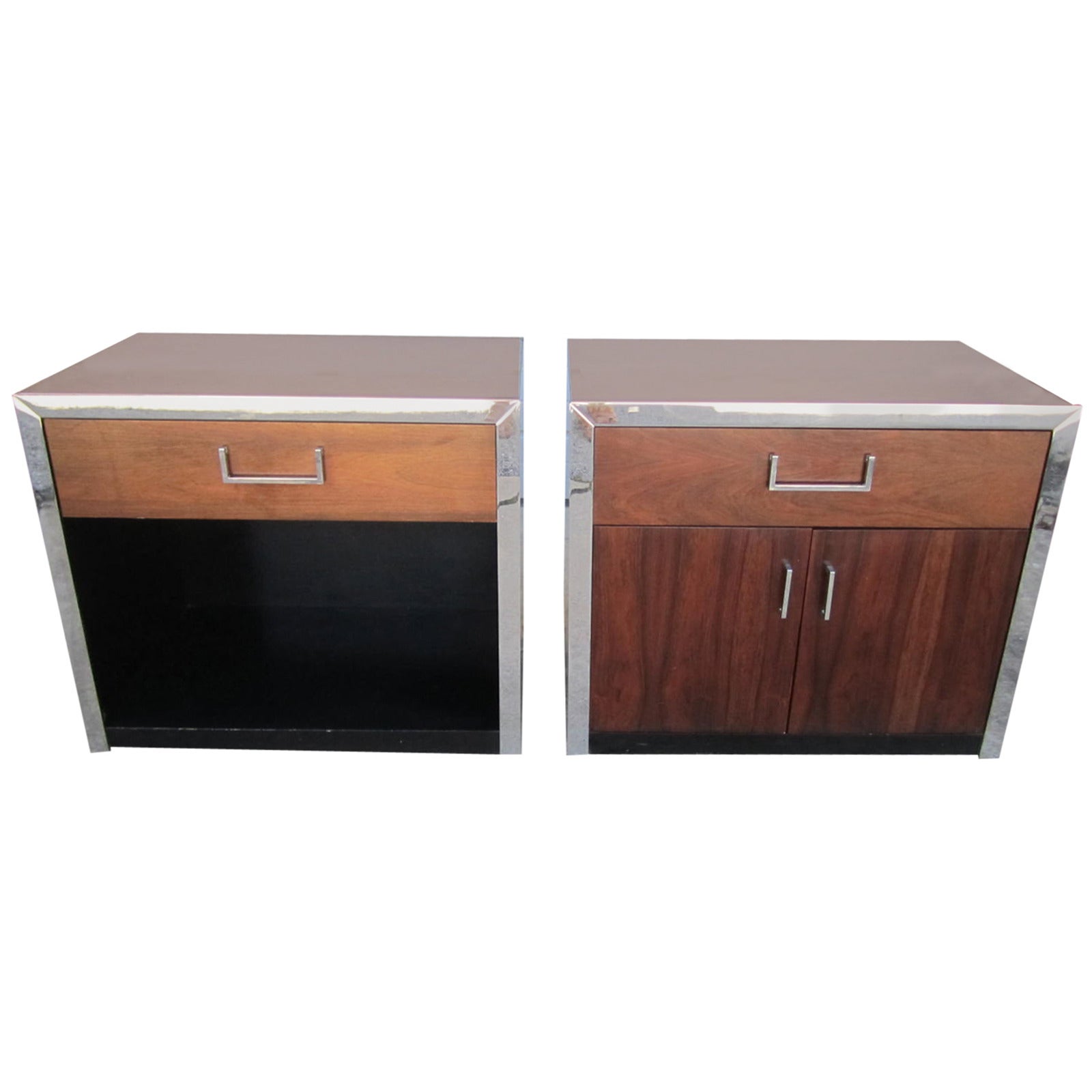 Two Milo Baughman Style Rosewood Chrome and Black Lacquer Night Stands