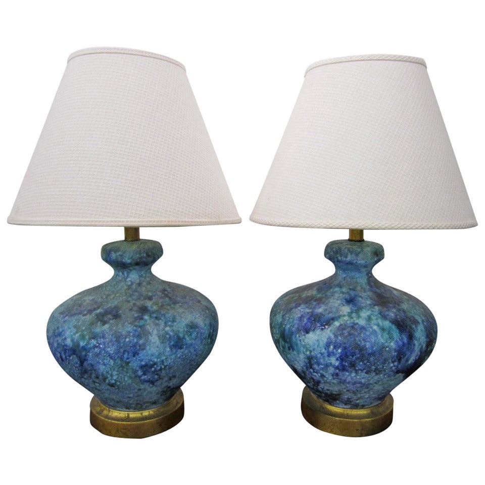 Lovely Pair of Turquoise Lava Glazed Lamps Mid-century Modern For Sale
