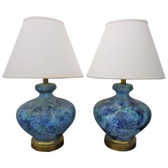 Lovely Pair of Turquoise Lava Glazed Lamps Mid-century Modern