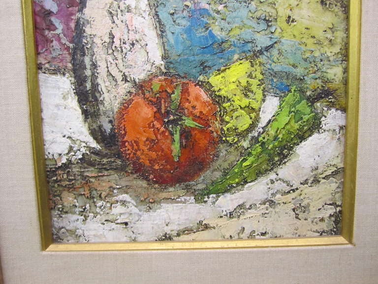 Charming mid-century modern still life oil painting of a tomato and vase.  I love the impasto style-well done!