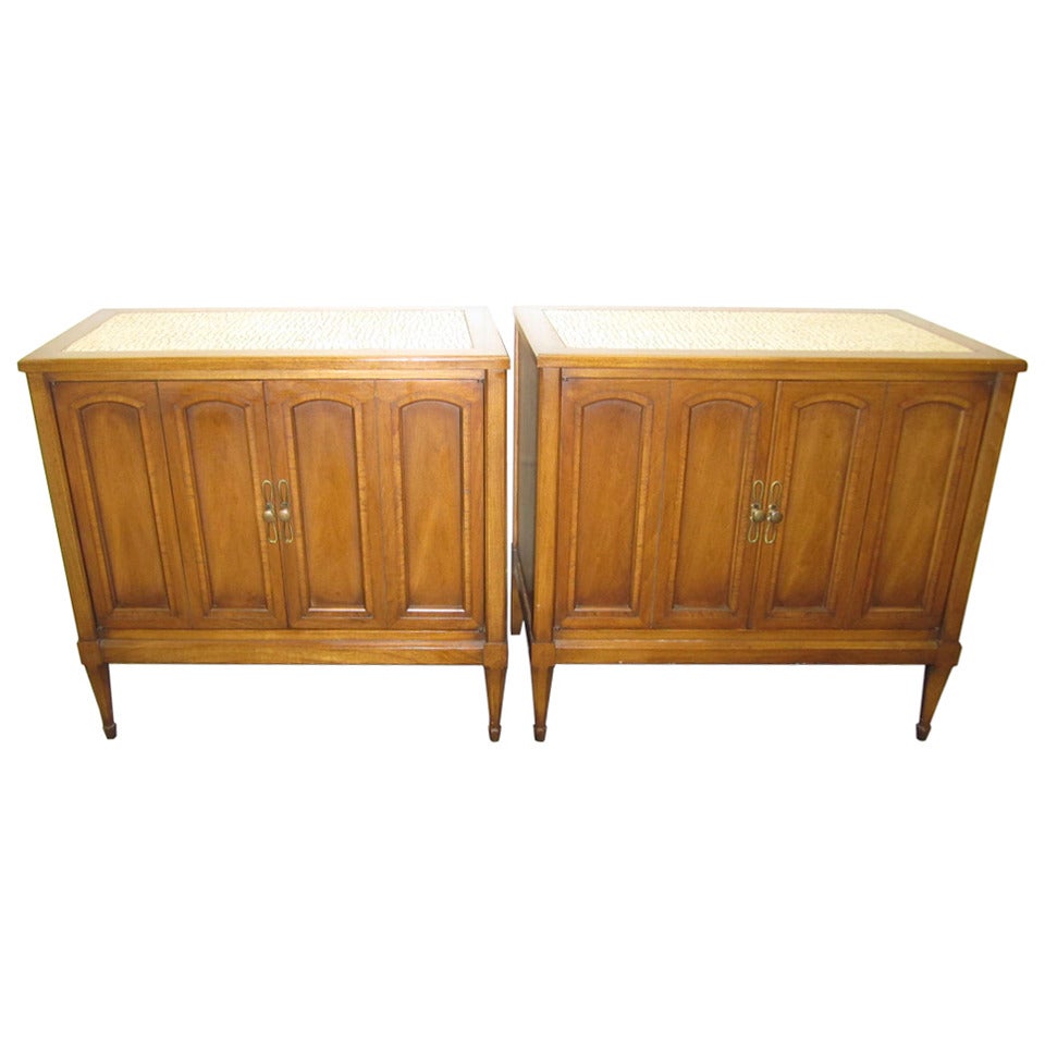 Stunning Pair of Mosaic Top Mid-Century Modern Nightstands For Sale