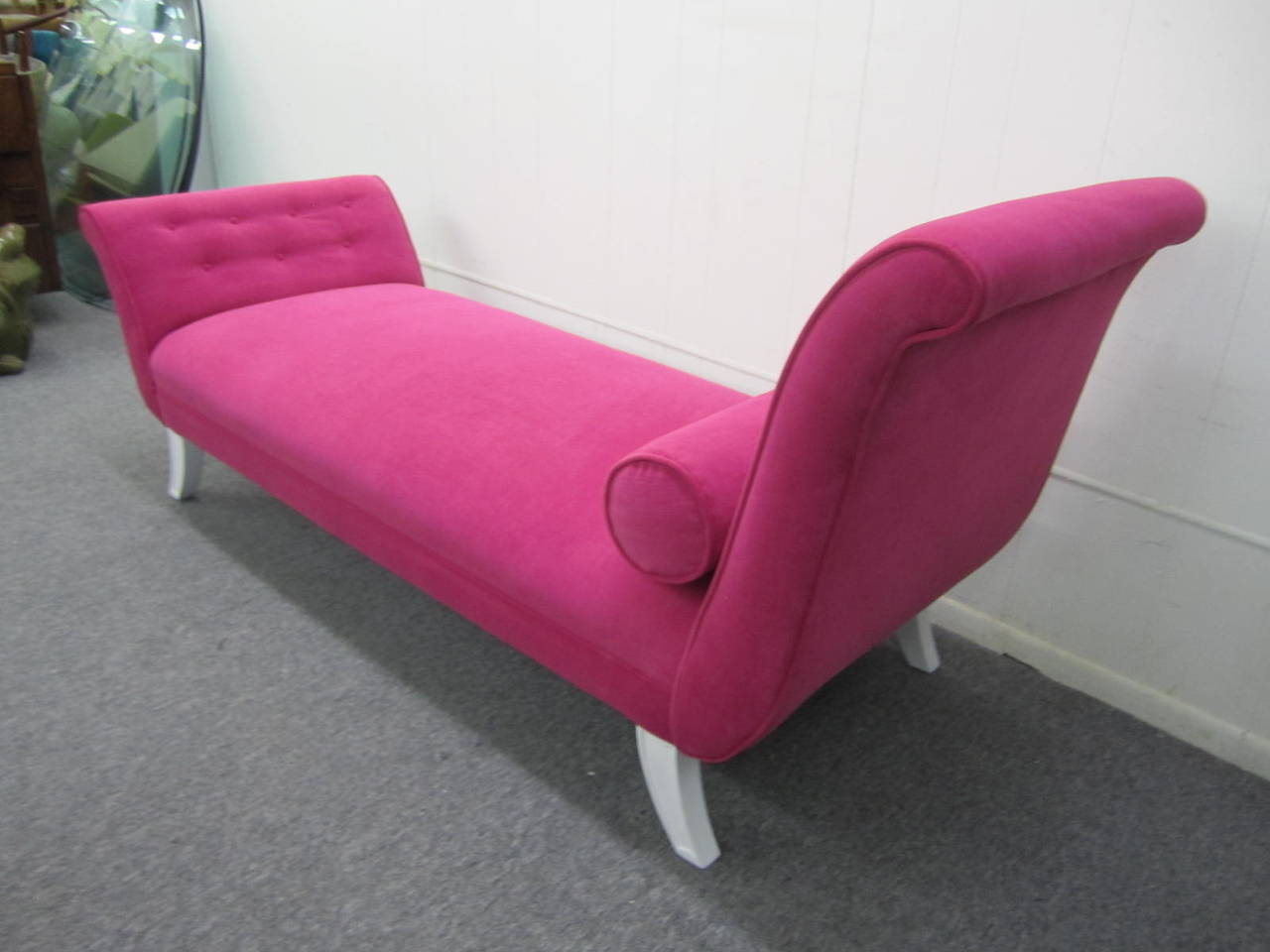 Outstanding hot pink velvet Dorothy Draper style chaise longue. This piece has been totally restored with new high end hot pink velvet, new foam and springs. The legs have a new gloss white finish-so this piece is ready to be placed right into your