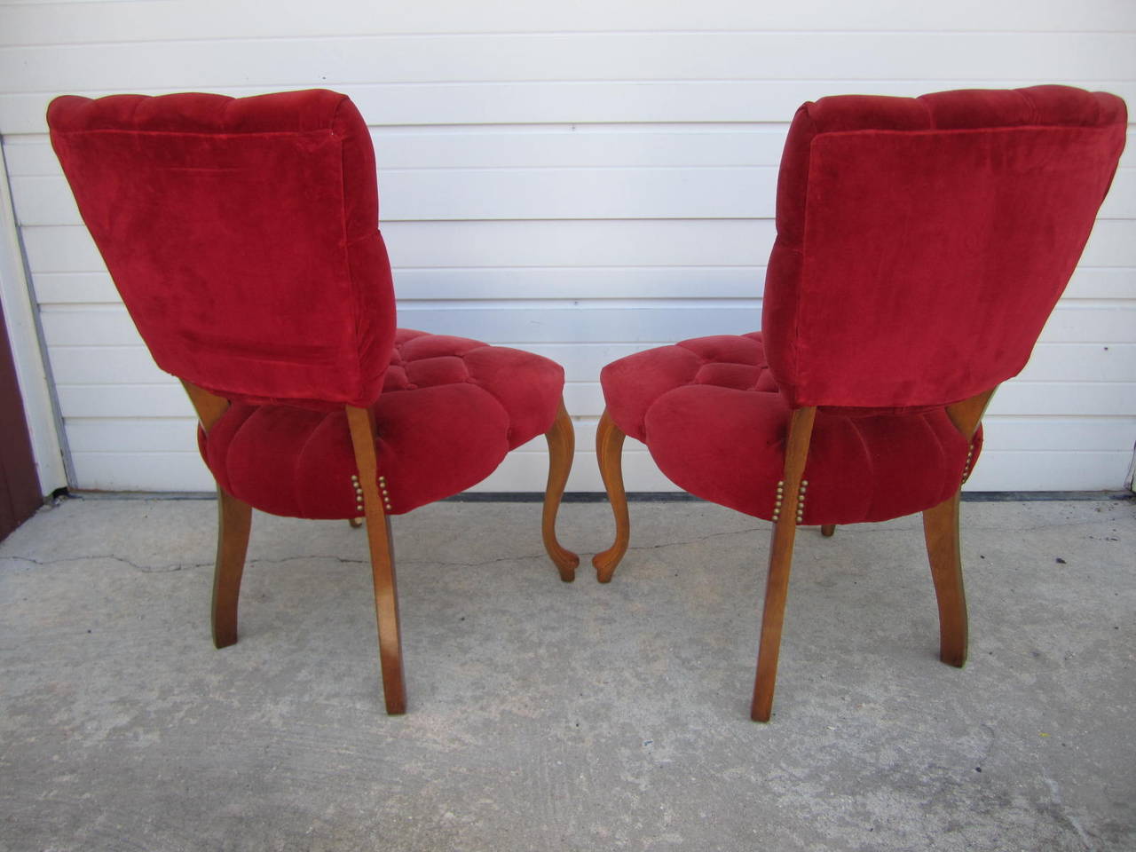 Pretty Pair of Queen Anne Style Red Tufted Side Chairs Hollywood Regency For Sale 2