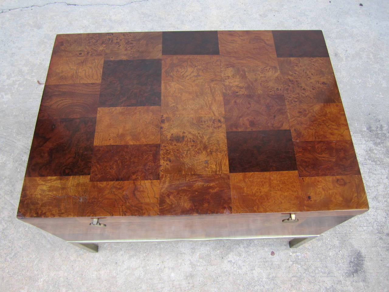Handsome Paul Evans style burled walnut patchwork end table chest. We love the lid that lifts up to reveal tons on space inside. This piece has great vintage appeal with just the right amount of wear-the kind that retailers now try to achieve for
