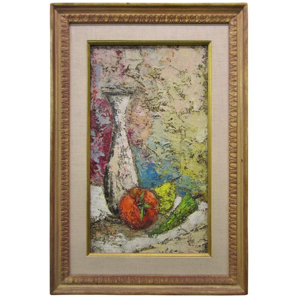 Mid-century Modern Still Life Tomato with Vase Impasto Oil Painting