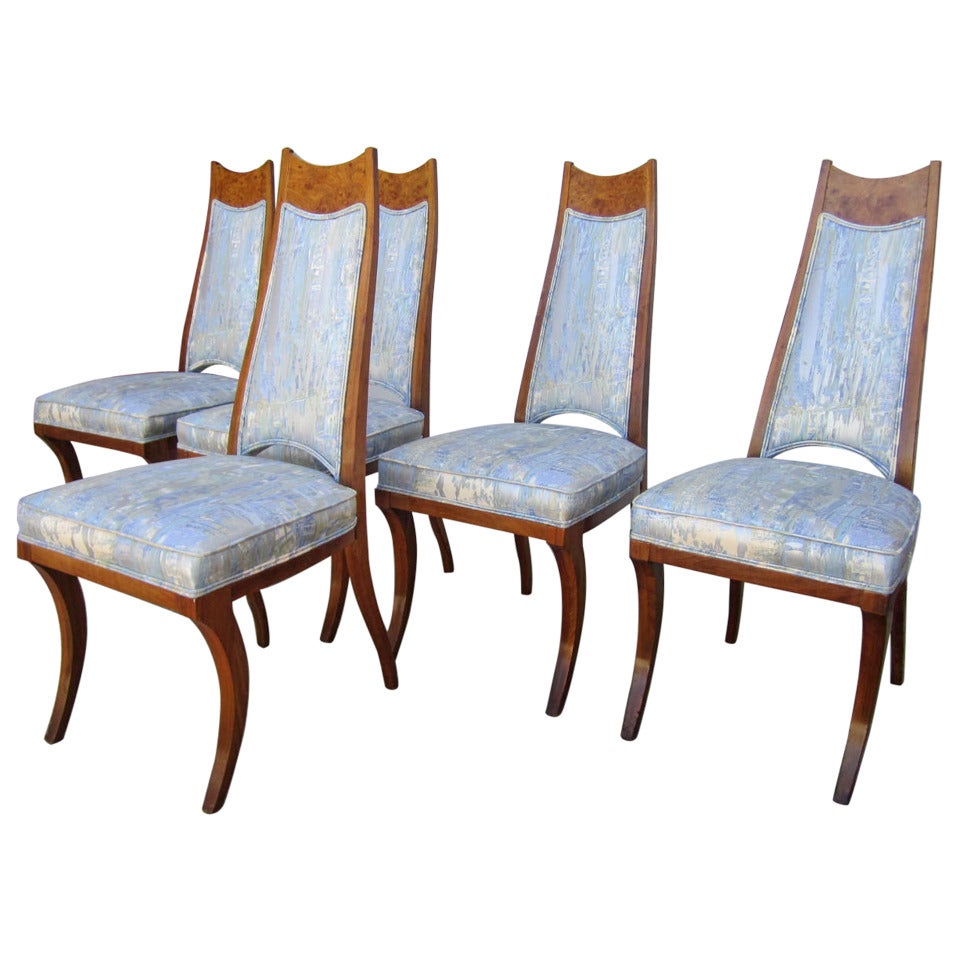 6 American Mid-century Modern Burled Wood Dining Chairs Klismos Style