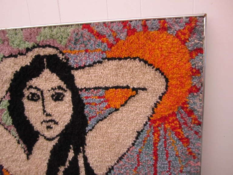 Amazing large scale shag psychedelic nude wall tapestry.  WOW! is what you say when you see this fantastic piece of folk art.  Made with varying heights of hooked wool in luscious jewel tones.  This piece measures over 55