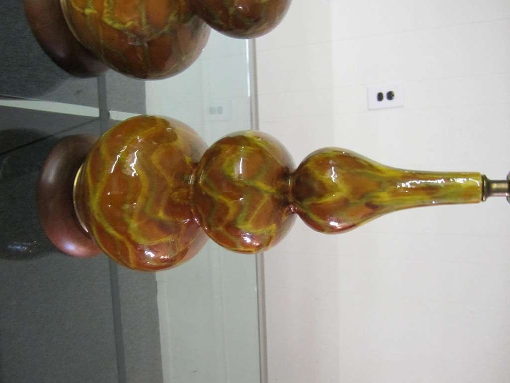 Mid-Century Modern Pair Ceramic Bulbous Gourd Shaped Drip Glaze Lamps Mid-century Danish Modern