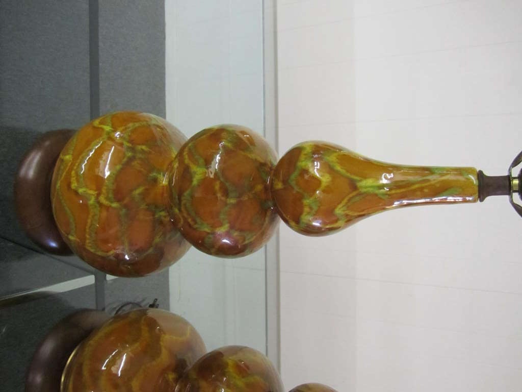Unknown Pair Ceramic Bulbous Gourd Shaped Drip Glaze Lamps Mid-century Danish Modern