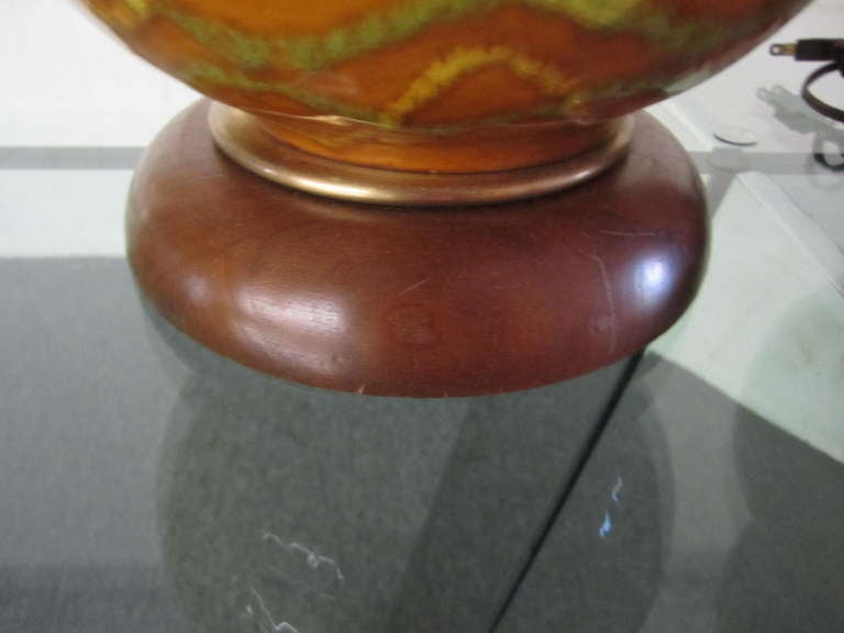 Pair Ceramic Bulbous Gourd Shaped Drip Glaze Lamps Mid-century Danish Modern In Excellent Condition In Pemberton, NJ