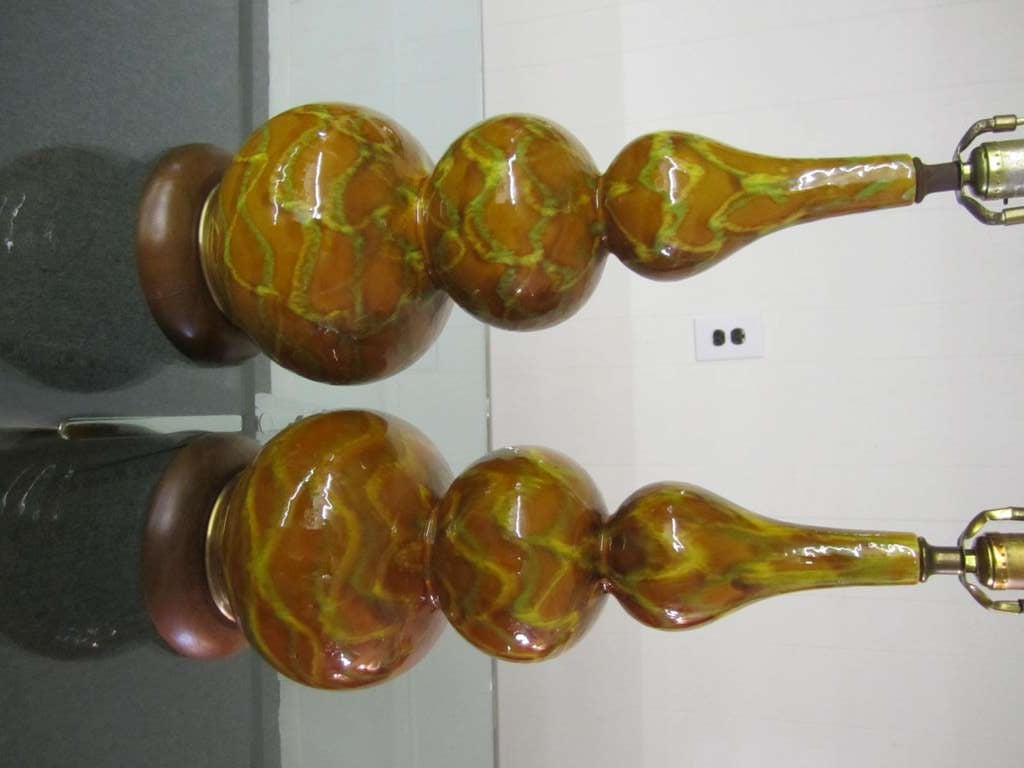 Pair Ceramic Bulbous Gourd Shaped Drip Glaze Lamps Mid-century Danish Modern 3