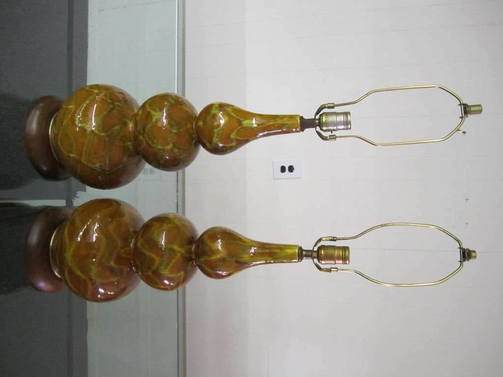 Pair Ceramic Bulbous Gourd Shaped Drip Glaze Lamps Mid-century Danish Modern 4