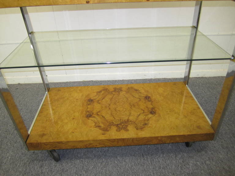 American Rare Milo Baughman Bar Trolley Cart in Burl Olive Wood